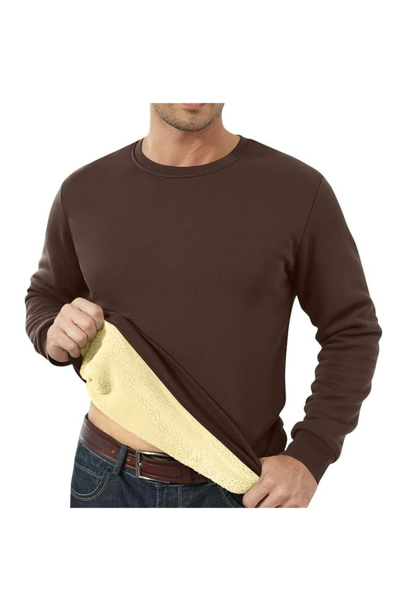 Mens Fleece T-Shirts Casual Solid Color Pullover Thick thermal Winter Crew Neck Base Layer Shirts for Men Long Sleeve Coffee 4(S)