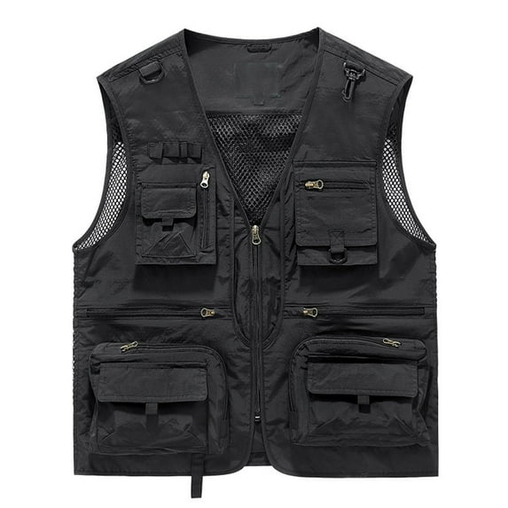 Wioihee Mens Mesh Outdoor Work Safari Fishing Travel Photo Cargo Vest Multi Pockets Breathable Waistcoat Jacket Black 6(L)