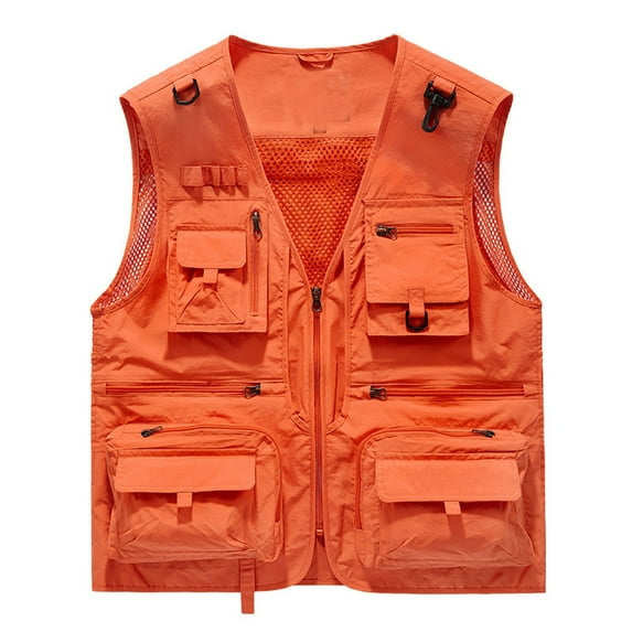 Wioihee Mens Mesh Outdoor Work Safari Fishing Travel Photo Cargo Vest Multi Pockets Breathable Waistcoat Jacket Orange 6(L)