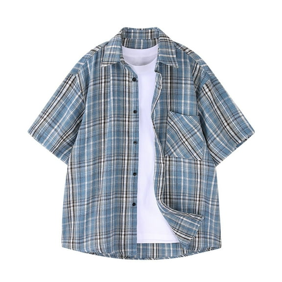 Wioihee Mens Shirts Short Sleeve Shirts for Men Casual Button Down Vintage Plaid Soft Mens Button Up Shirts Short Sleeve with Pocket Blue 12(XXXL)
