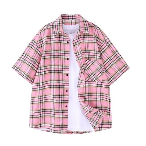 Wioihee Mens Shirts Short Sleeve Shirts for Men Casual Button Down Vintage Plaid Soft Mens Button Up Shirts Short Sleeve with Pocket Pink 12(XXXL)