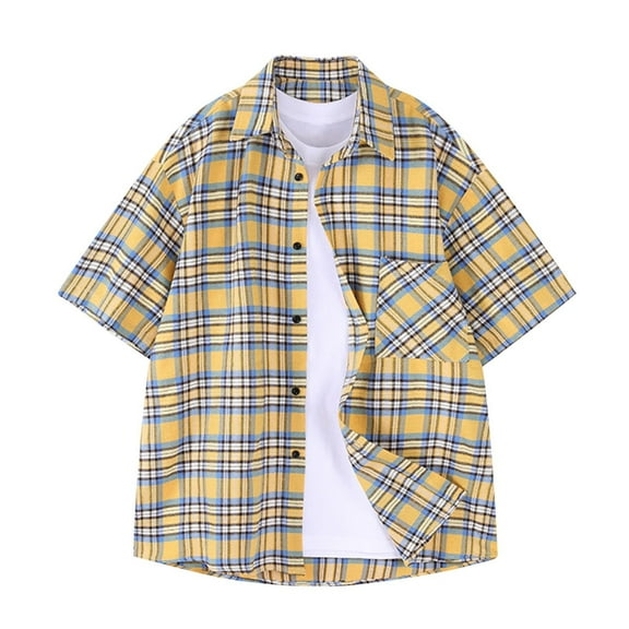 Wioihee Mens Shirts Short Sleeve Shirts for Men Casual Button Down Vintage Plaid Soft Mens Button Up Shirts Short Sleeve with Pocket Yellow 8(XL)