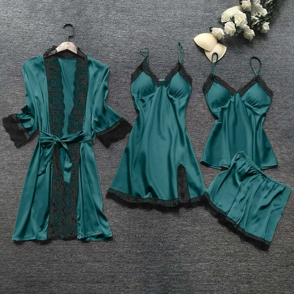 Wioihee Pajama Sets for Women Satin Lace Robe Dress Sleepwear Nightdress Pajamas 4Pcs Set Green 6(M)