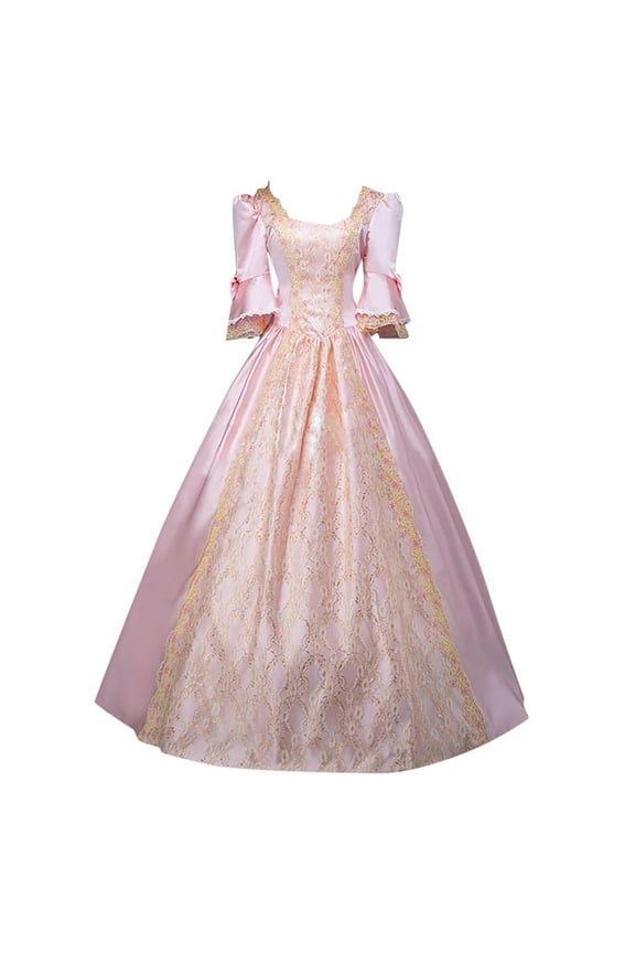 Princess Dress for Women Vintage Gothic Court Gown Cake Skirt Lace Clashing Dress Pink 10(XL)