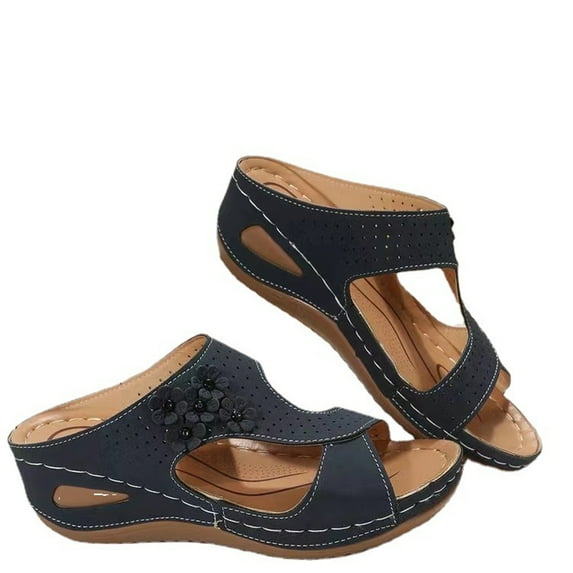 Wioihee Sandals Women Dressy Summer 2024 Peep Toe Platform Sandals Shoes Wedges Ankle Buckle Flip Flops Orthopedic Sandals Navy 9(42)
