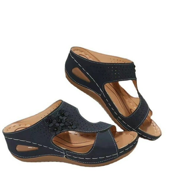 Wioihee Sandals Women Dressy Summer 2024 Peep Toe Platform Sandals Shoes Wedges Ankle Buckle Flip Flops Orthopedic Sandals Navy 9.5(43)