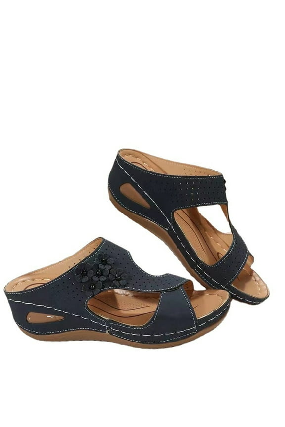 Wioihee Sandals Women Dressy Summer 2024 Peep Toe Platform Sandals Shoes Wedges Ankle Buckle Flip Flops Orthopedic Sandals Navy 9.5(43)