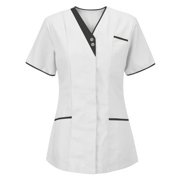 Wioihee Scrub Tops for Women Casual Classic Fit Nurse Uniform Shirt V Neck Short Sleeve Working Blouse T-Shirts with Pockets White 10(XL)
