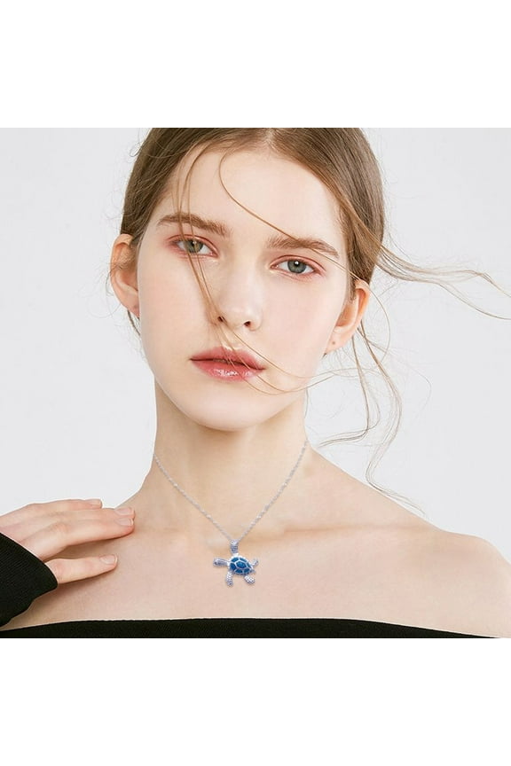 Sea Turtle Ocean Blue Fire Opal Inlay Jewelry Necklace