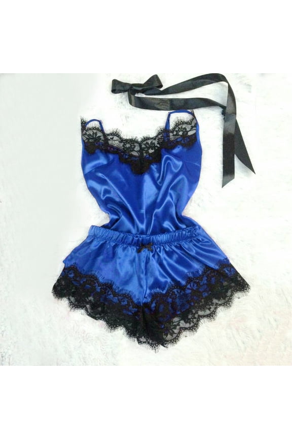 Sexy Lace Sleepwear for Women Short Pjs Set Temptation Underwear Nightdress Halter Top Shorts Two-piece Set Blue 6(M)