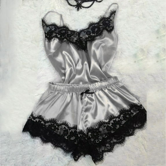 Wioihee Sexy Lace Sleepwear for Women Short Pjs Set Temptation Underwear Nightdress Halter Top Shorts Two-piece Set Silver 10(XL)