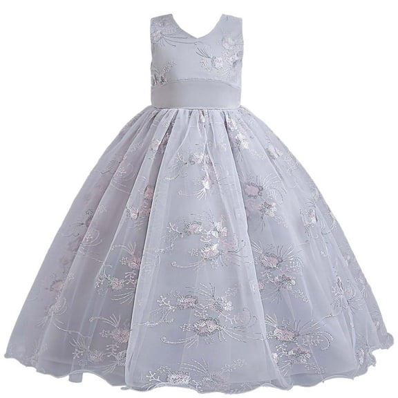 Wioihee Sleeveless Bow Tie Lace Flowers Mesh Tufted Dress, Gray, Sizes 11-12 Years