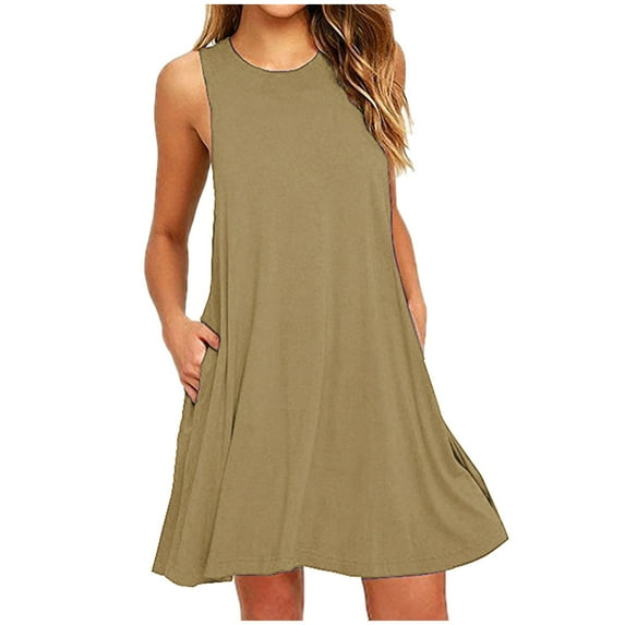Wioihee Sleeveless Dress Women's Summer Casual Sleeveless Flared Midi Dress Swing T-Shirt Dresses with Pockets Khaki 12(XXL)