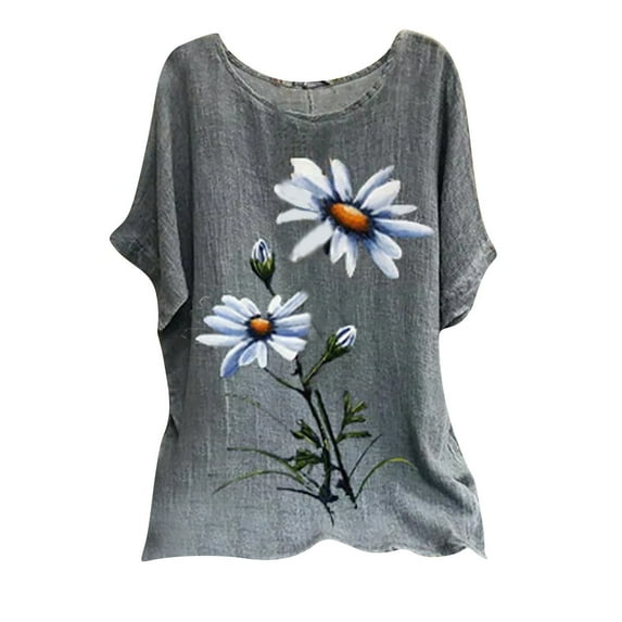 Wioihee Summer Plus Size Linen Tops for Women 2024 Trendy Loose Fit Round-Neck Short Sleeve Floral Print Casual T-shirt Blouse,Cute Tops for Women Womens Oversized Blouse and Tee Shirt