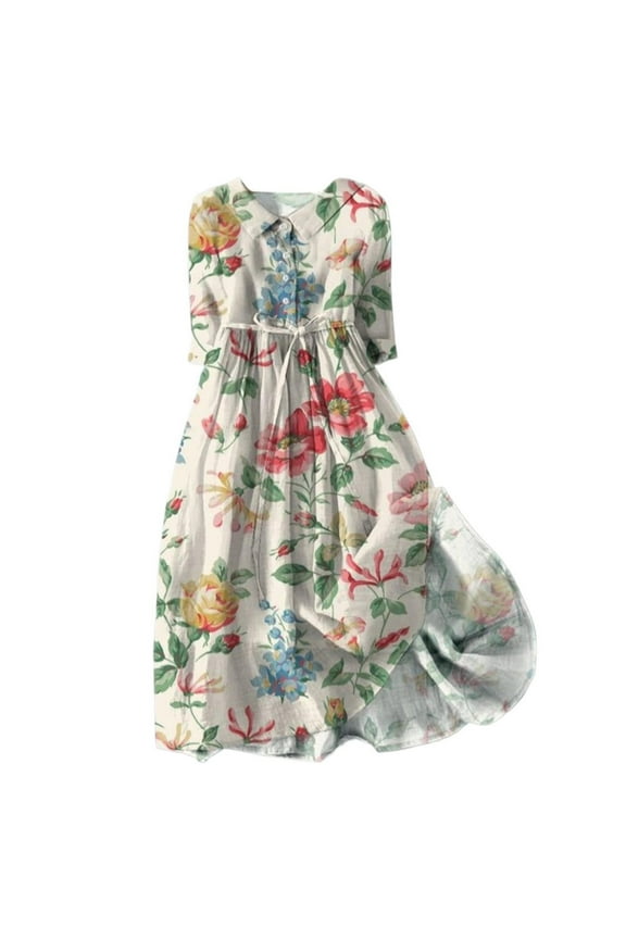 Sundress Casual Short Sleeve Collar Button Floral Dress (Women's)