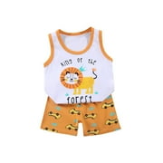 Wioihee Toddler Boy Clothes Baby Summer Outfit Graphic Print Cotton Tops + Elastic Waist Match Shorts 2pcs Set Orange#A 18 Months