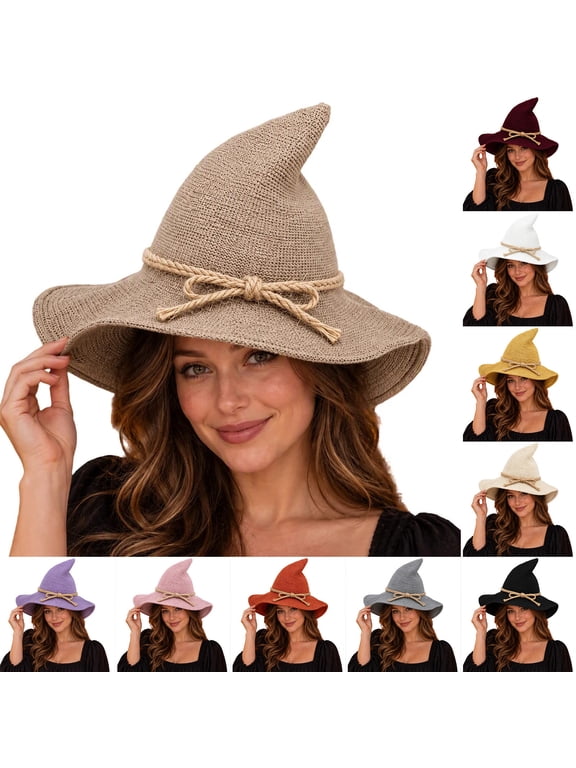 Witch Hat Halloween Costume, Knit Pointed Wizard Hat, Cotton Party Witch Cap for Kids Adults Cosplay
