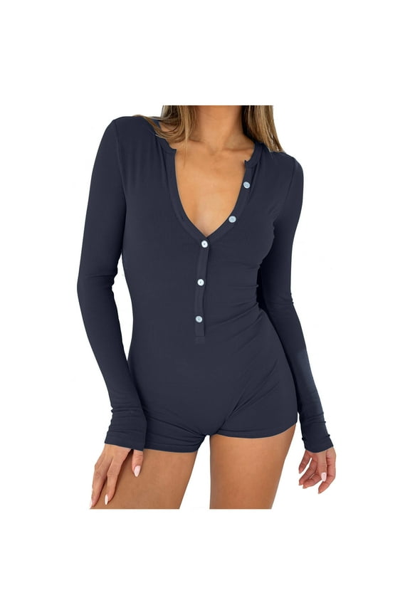 Women Long Sleeve Romper Pajama Bodysuit Bodycon Shorts V Neck Jumpsuit Floral Sleepwear Nightwear Pjs Navy 4(S)