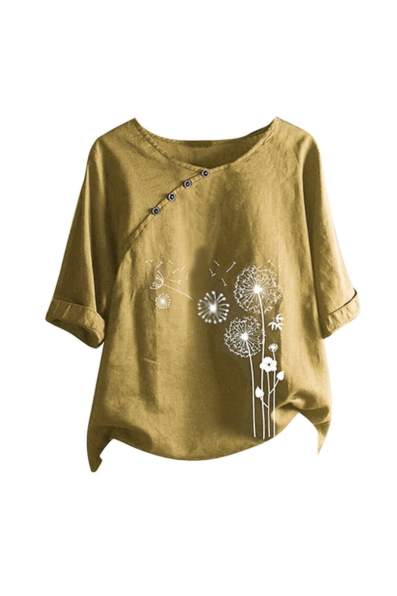 Women'S Casual Button Floral Print O-Neck tops Short Sleeve T-Short Blouse (Yellow 12(XL))