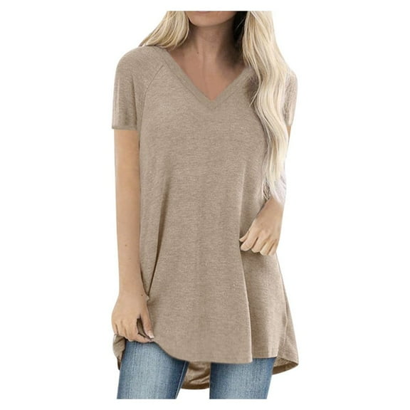 Wioihee Women'S Plus Size Print V Neck Blouse Short Sleeved Long T-Shirt (Khaki L)