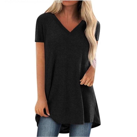 UTTOASFAY Women's Plus Size Print V Neck Blouse Short Sleeved Long T-Shirt (Red M)