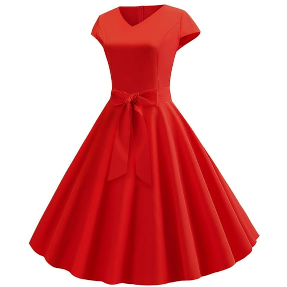 Wioihee Women Vintage 1950S Dress Retro Cocktail Party Swing Dresses with Cap Sleeves Red 4(M)