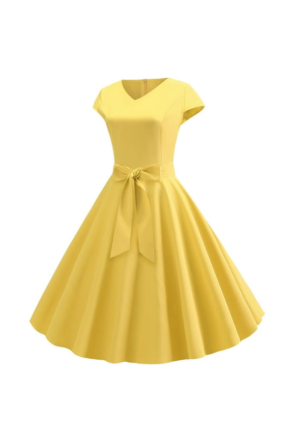 Women Vintage 1950S Dress Retro Cocktail Party Swing Dresses with Cap Sleeves Yellow 2(S)