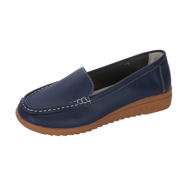 Wioihee Women's Ballet Flats PU Leather Dress Shoes Comfortable Round Toe Slip on Flats with Floral Eyelets Blue 5.5(36)