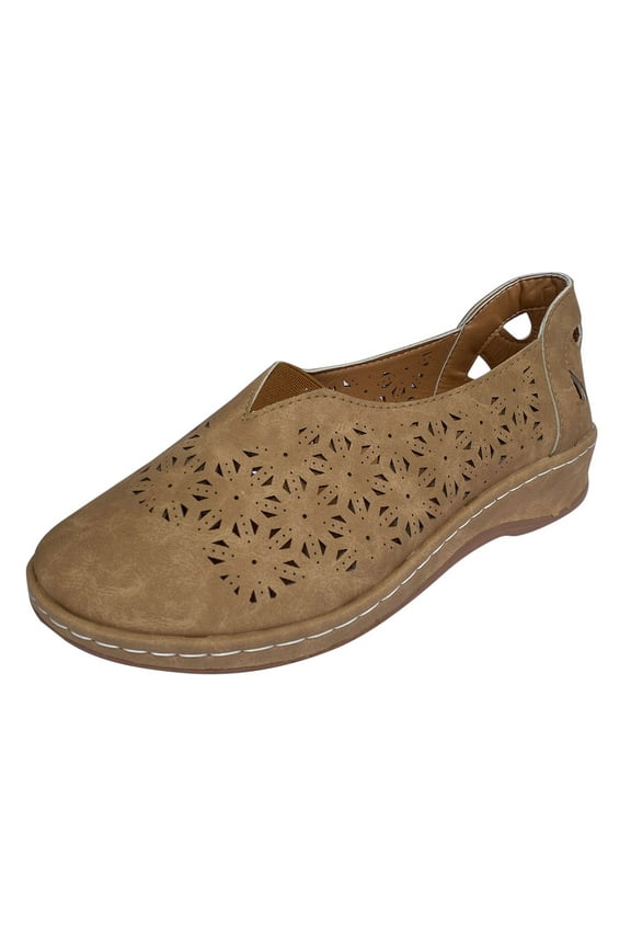 Women's Ballet FlatsPU Leather Dress Shoes Comfortable Round Toe Slip on Flats with Floral Eyelets Khaki 9.5-10(42)