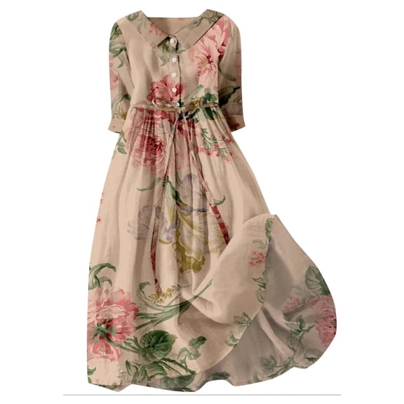 Wioihee Women's Casual Floral Loose Cotton and Linen Pleated Five Quarter Sleeved Shirt Dress