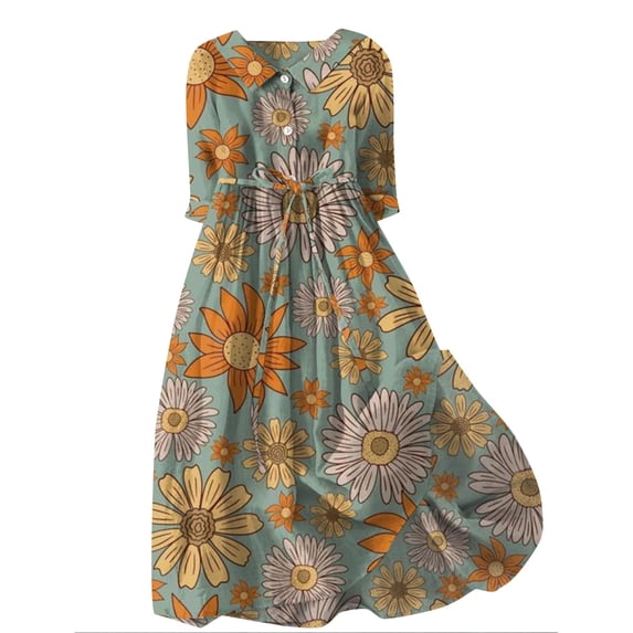 Wioihee Women's Casual Floral Loose Cotton and Linen Pleated Five Quarter Sleeved Shirt Dress