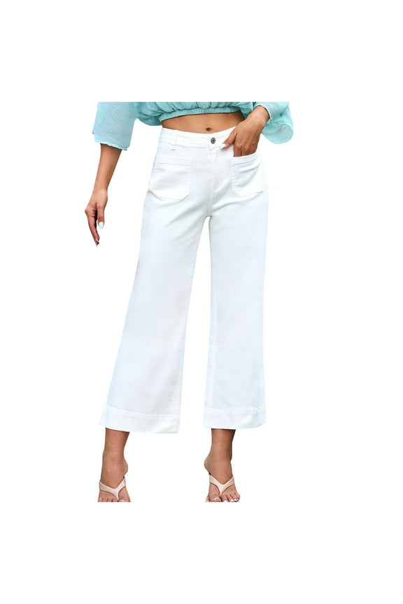Women's Loose and Slim Wide Leg Straight Leg Pants Casual Solid Color Washed Jeans Cropped Pants White 10(XL)