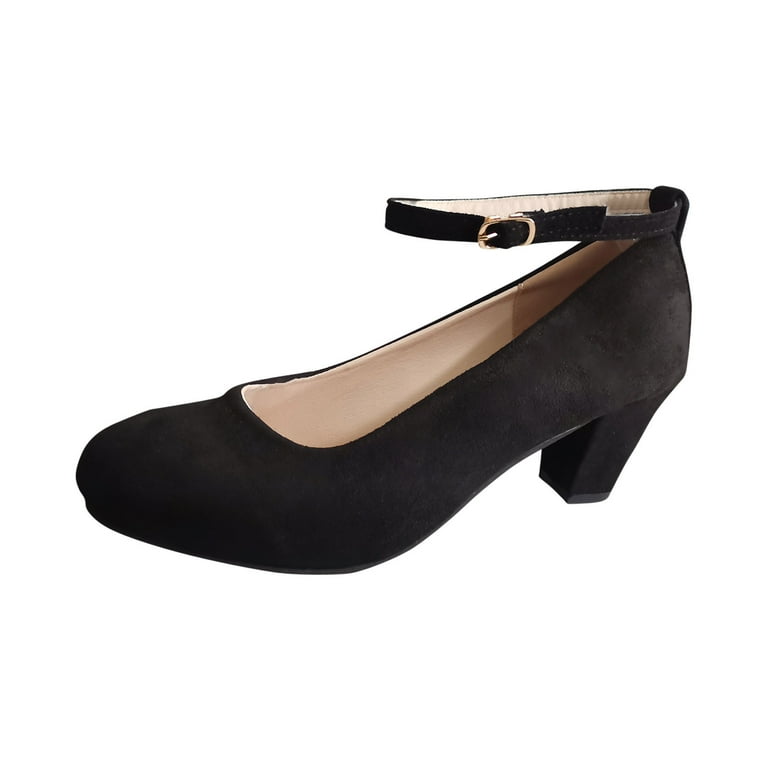 Wioihee Women's Low Block Chunky Heels Ankle Strap Pumps Closed