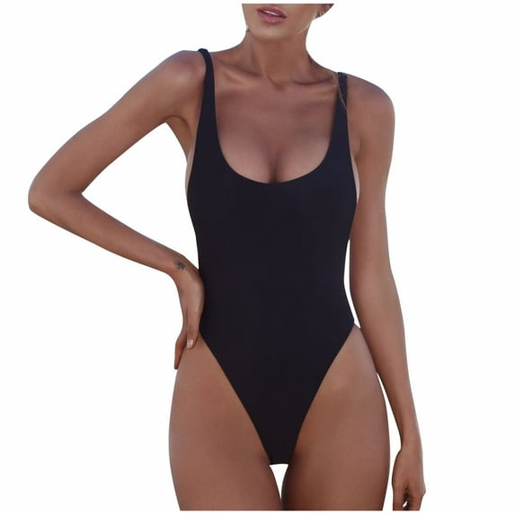 Wioihee Women's Retro 80s/90s High Cut Low Back One Piece Swimsuits Bathing Suits Black 6(M)