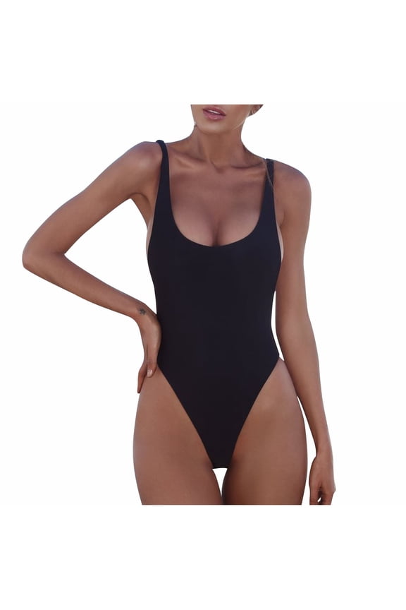 Women's Retro 80s/90s High Cut Low Back One Piece Swimsuits Bathing Suits Clearance Black 8(L)