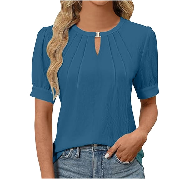 Wioihee Womens Dressy Casual Tops Keyhole Business Work Blouses Pleated Puff Sleeve Summer Shirts Dark Blue 6(M)