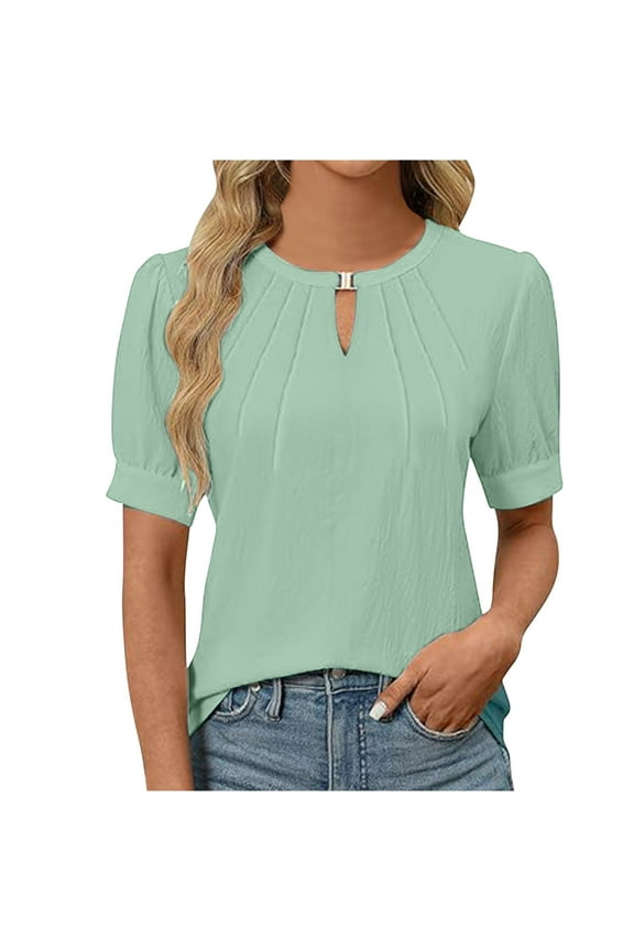 Wioihee Womens Dressy Casual Tops Keyhole Business Work Blouses Pleated Puff Sleeve Summer Shirts Green 4(S)