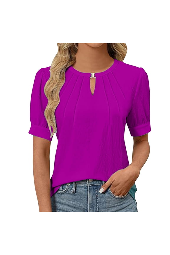 Wioihee Womens Dressy Casual Tops Keyhole Business Work Blouses Pleated Puff Sleeve Summer Shirts Purple 4(S)