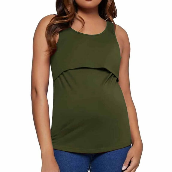 Wioihee Womens Summer Maternity Nursing Tank Tops Sleeveless Double Layer Breastfeeding Shirt Pregnancy Clothes Army Green 6(M)