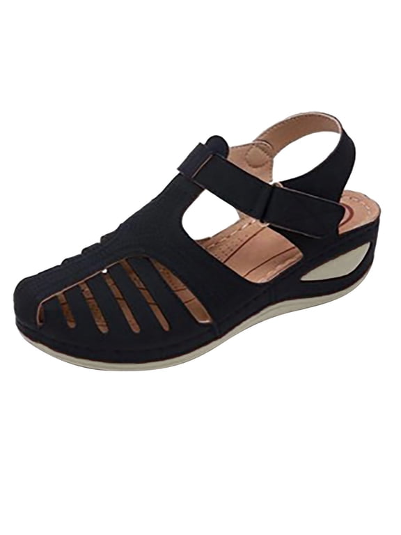 Womens Summer Sandals Casual Bohemia Gladiator Closed Toe Wedge Shoes Comfort Ankle Strap Slip On Platform Sandals Black 13(44)