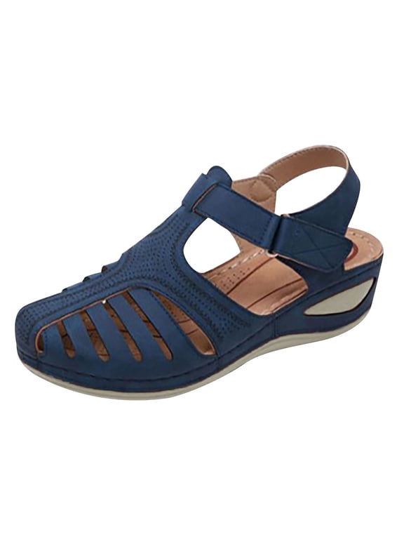 Womens Summer Sandals Casual Bohemia Gladiator Closed Toe Wedge Shoes Comfort Ankle Strap Slip On Platform Sandals Blue 5(36)
