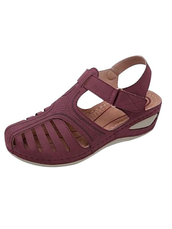 Womens Summer Sandals Casual Bohemia Gladiator Closed Toe Wedge Shoes Comfort Ankle Strap Slip On Platform Sandals Wine 5(36)