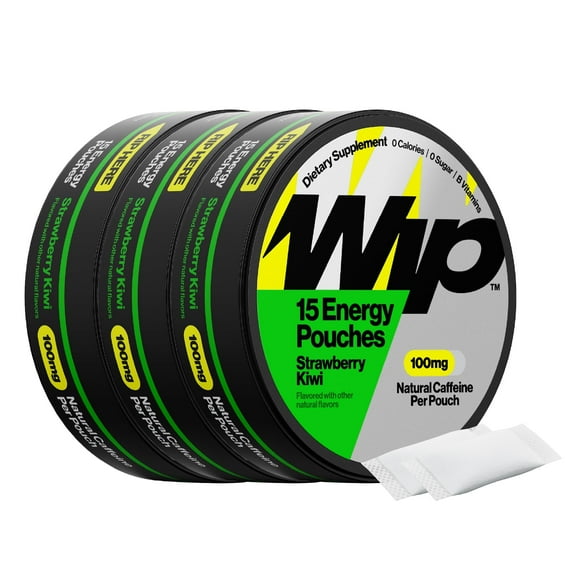 Wip Energy Pouches | 100mg Natural Caffeine | Vitamins and Minerals | Strawberry Kiwi | 15 Pouches Per Can | 3 Cans