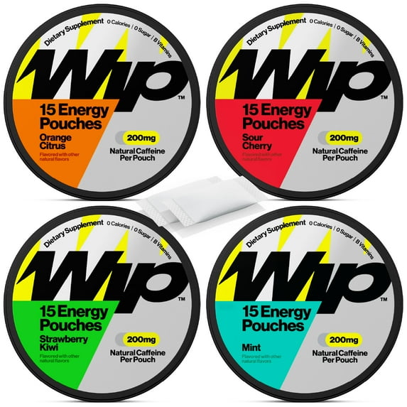 Wip Energy Pouches | 200mg Natural Caffeine | Vitamins and Minerals | 4 Pack Assorted: Sour Cherry, Mint, Orange Citrus, Strawberry Kiwi