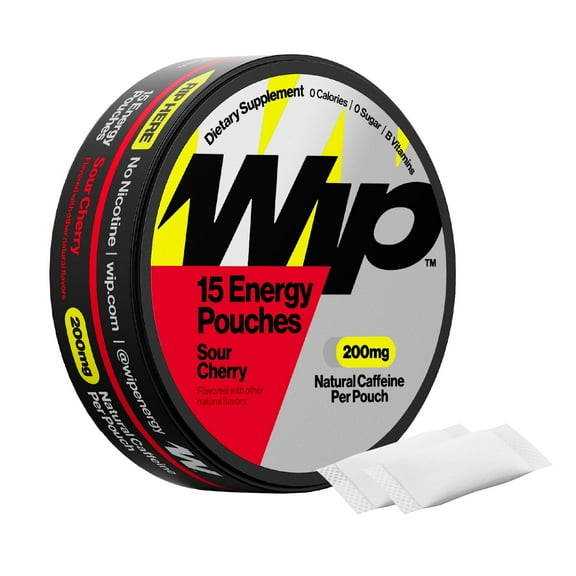 Wip Energy Pouches | 200mg Natural Caffeine | Vitamins and Minerals | Sour Cherry | 15 Pouches Per Can | 1 Can