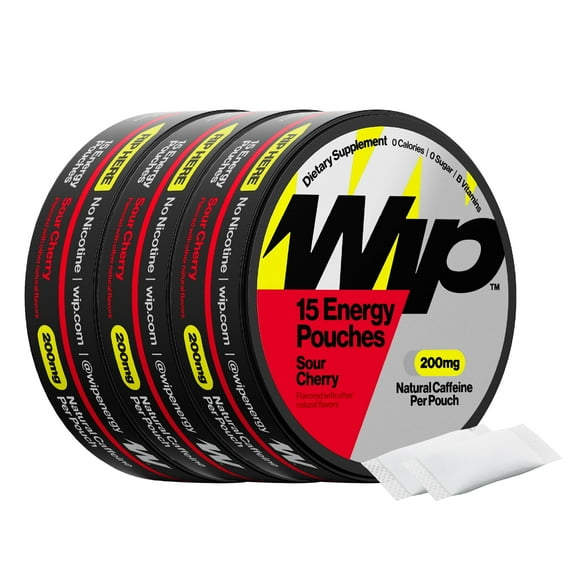 Wip Energy Pouches | 200mg Natural Caffeine | Vitamins and Minerals | Sour Cherry | 15 Pouches Per Can | 3 Cans