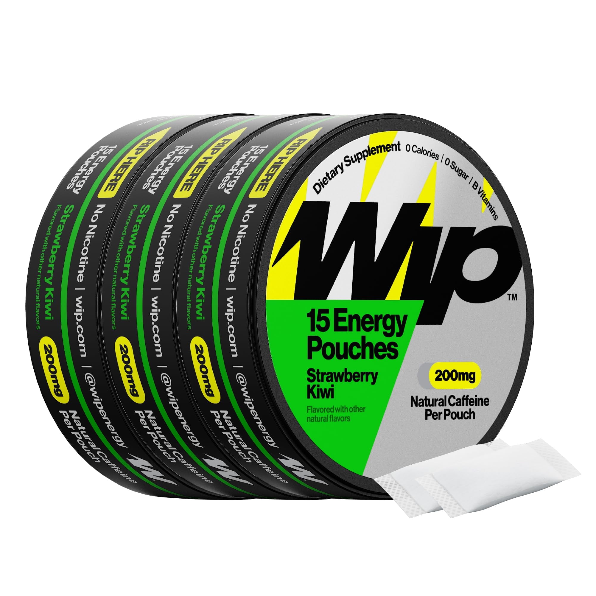 Wip Energy Pouches | 200mg Natural Caffeine | Vitamins and Minerals | Strawberry Kiwi | 15 Pouches Per Can | 3 Cans