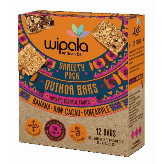 Wipala Andean Bar Variety Mix of Pineapple, Raw Cacao, Banana | Protein Bars Healthy Snack Energy Bar Organic Quinoa and Andean Lupin Snack Bars, Sugar Free, Vegan, Gluten Free, and Non-GMO| 12 Pack
