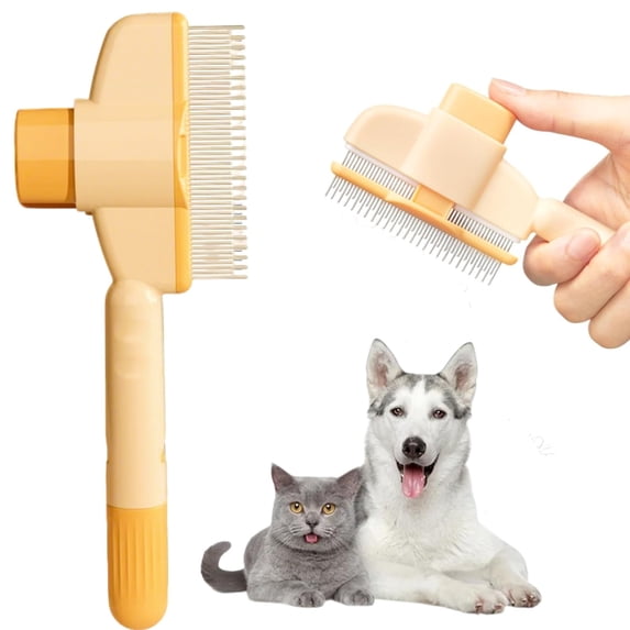 Wipe-Clean Pet Grooming Brush for Dogs & Cats, Stainless Steel Teeth Long & Short, Hair & Flea Removal Tool,Yellow