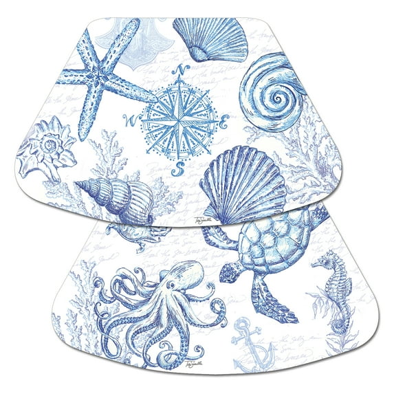 Wipe-Clean Reversible Wedge Shaped Placemats, Coastal Sketch, Set of 2, Made in The USA